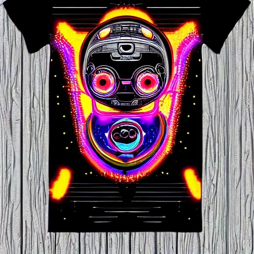 Prompt: black tshirt with a hyperdetailed portrait of a futuristic trippy cute robot head, 8 k, symetrical, flourescent colors, halluzinogenic, multicolored tshirt art,