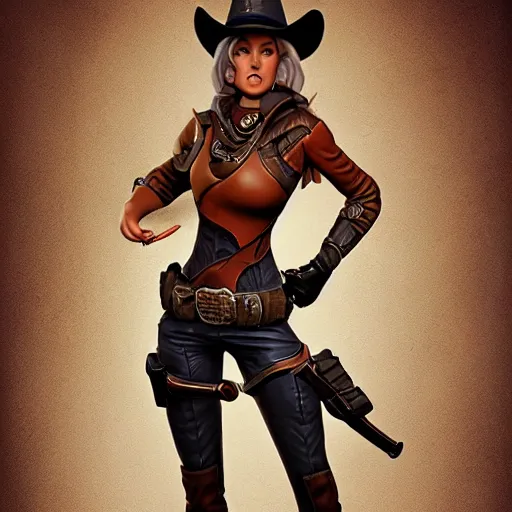 Image similar to full body, female cowgirl, perfect face, long rifle, 8 k, magic the gathering, d & d, artstation