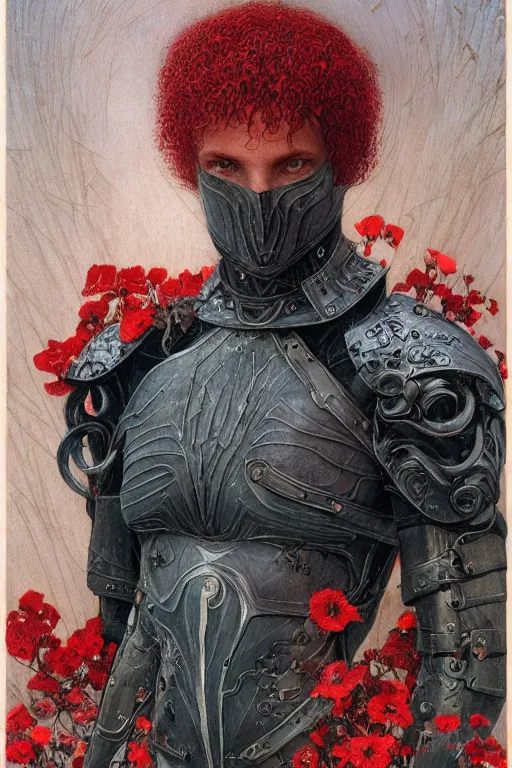 Image similar to portrait of beautiful gothic young man, thunderstorm, cyber armor, a lot of scars, more and more flowers, red head, the middle ages, highly detailed, artstation, illustration, art by jean delville, 8 k quality, art by greg gandy