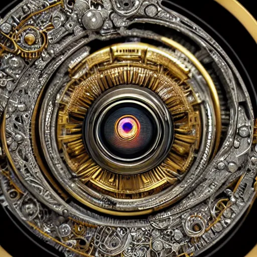 Image similar to a macro photo of a gold and silver mechanical eye, close - up, large intricate iris with gears and filaments, intricate gears and lenses, intricately detailed engravings, intricately detailed markings, intricate textures, warm lighting, vivid colors, realistic octane render, hyper realistic render, volumetric shading, depth of field, raytracing, 8 k,