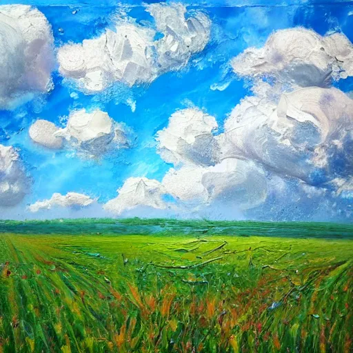 Prompt: oil paint impasto reliefs summer fields, super realistic, painted with thick expressive paint and cumulus clouds, some splattered paint