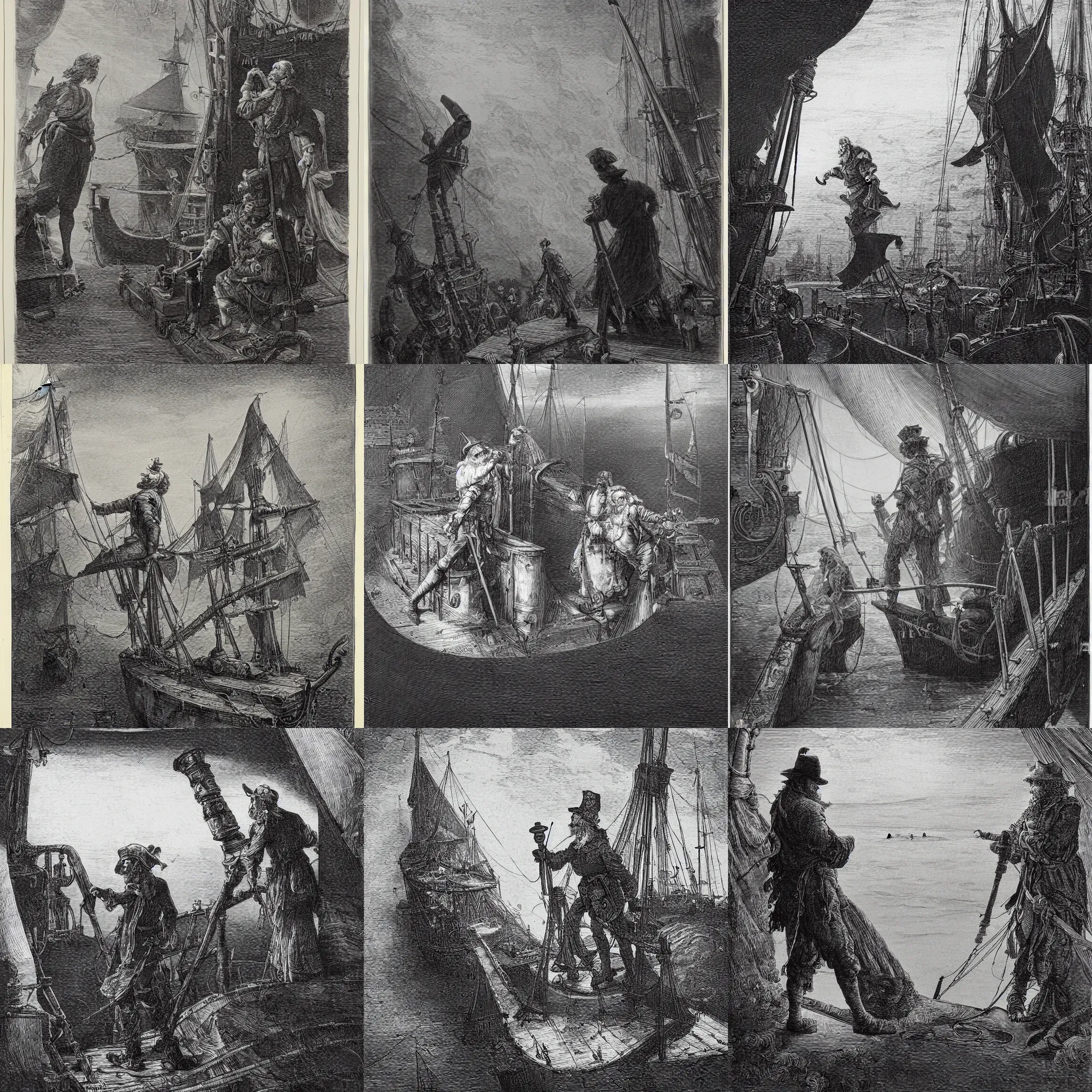 Prompt: an engraving of long john silver on the deck of a ship, looking through a telescope by gustave dore, ian miller, highly detailed, strong shadows, depth, illuminated focal point, lithograph engraving