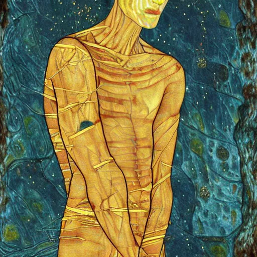 Prompt: a tall, slender 20 year old man with golden cracks and scars on his arms and chest, standing atop a mountatin, sci-fi, digital art, klimt, kintsugi, sharp-jaw, long brown hair, long-arms