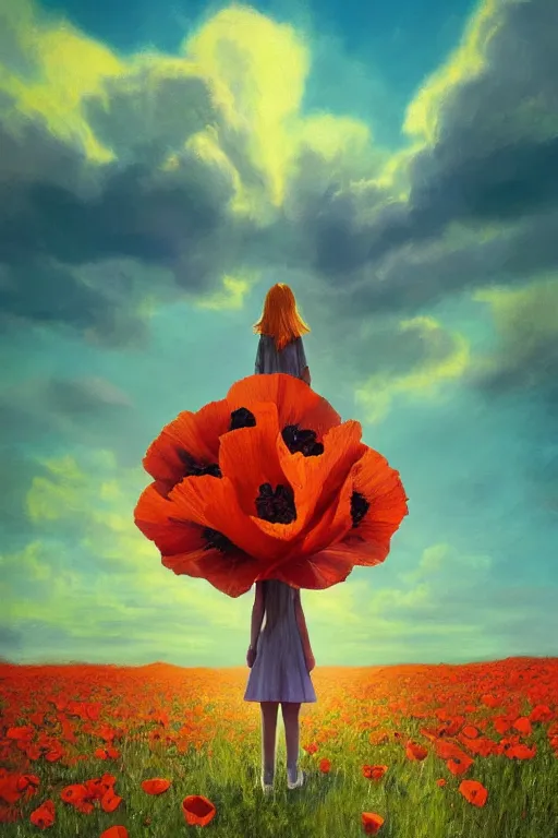 Image similar to closeup, giant poppy flower head, girl standing in a field of flowers, surreal photography, sunrise, blue sky, dramatic light, impressionist painting, digital painting, artstation, simon stalenhag