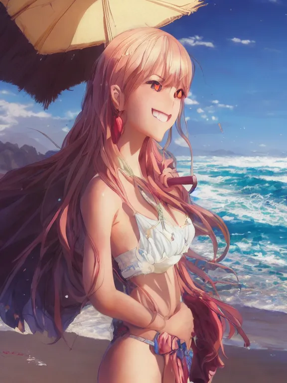 Prompt: An anime portrait of a smiling woman on the beach near the ocean, by Stanley Artgerm Lau, WLOP, Rossdraws, James Jean, Andrei Riabovitchev, Marc Simonetti, and Sakimi chan