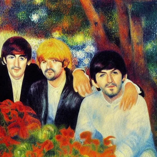 Image similar to Painting of The Beatles, in the style of Renoir