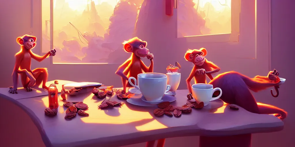 Prompt: hyper detailed ultra sharp of cartoon monkeys drinking coffee. behance hd by jesper ejsing, by rhads, makoto shinkai and lois van baarle, ilya kuvshinov, rossdraws radiating a glowing aura global illumination ray tracing hdr, 8 k