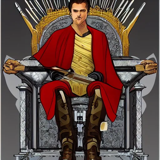 Image similar to modern self portrait of man sitting on throne, legs crossed, while holding a sword, white man, hispanic, brown hair, light skin, golden throne, red robes, 8 k, hi - rez, circles, lamented, clear, brown eyes, colored, sharp, illustrated by yoji shinkawa