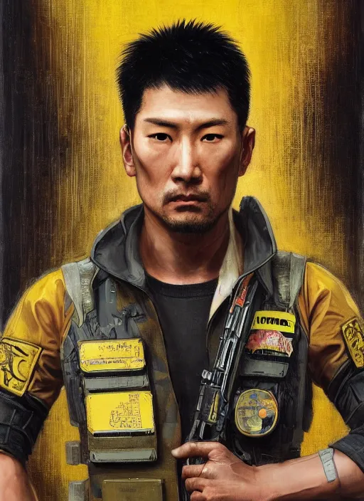 Image similar to hiro tanaka. Handsome cyberpunk USN marine wearing a military vest and a black and yellow tactical jumpsuit (cyberpunk 2077, bladerunner 2049). Handsome face. Iranian orientalist portrait by john william waterhouse and Edwin Longsden Long and Theodore Ralli and Nasreddine Dinet, oil on canvas. Cinematic, hyper realism, realistic proportions, dramatic lighting, high detail 4k