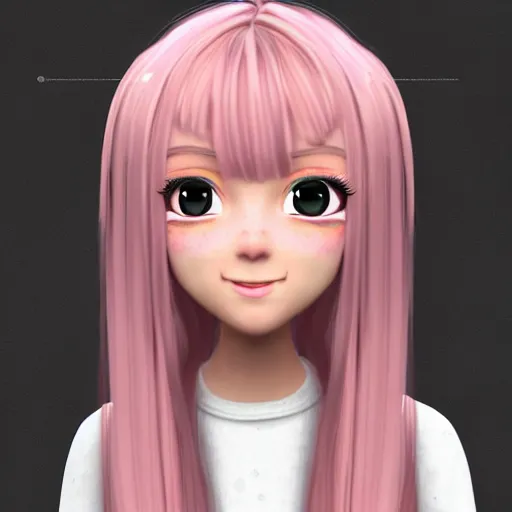 Image similar to Render of Nikki from Shining Nikki Dress-Up Game, a cute 3D young woman, long light pink hair, full bangs, full round face, hazel amber eyes, pale skin, cute freckles, light blush, Chinese heritage, smiling softly, wearing casual clothing, interior lighting, cozy living room background, medium shot, mid-shot, hyperdetailed, trending on Artstation, Unreal Engine 4k