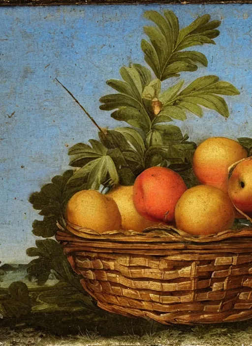 Image similar to a 1 6 th century oil painting of a fruit in a basket beside a tree. high quality scan