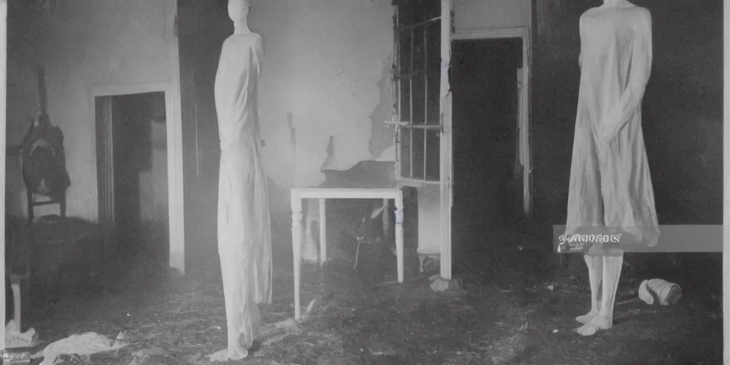 Image similar to scary unproportionable tall ghost creature inside a house crawling around, 1900s picture