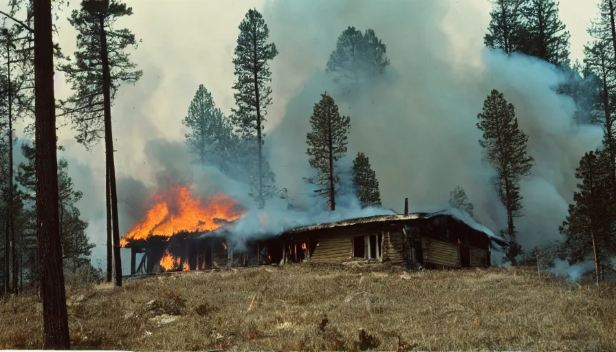 Image similar to 1 9 7 0 s movie still of a heavy burning house on a mountain with pine forest, cinestill 8 0 0 t 3 5 mm, high quality, heavy grain, high detail, texture, dramatic light, ultra wide lens, panoramic anamorphic, hyperrealistic