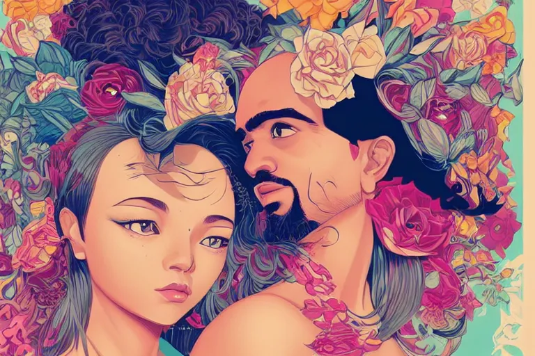 Prompt: a hispanic girl with medium length 4 b hair, and a short - bearded mixed race man with short 4 a hair, in love selfie, tristan eaton, victo ngai, artgerm, rhads, ross draws
