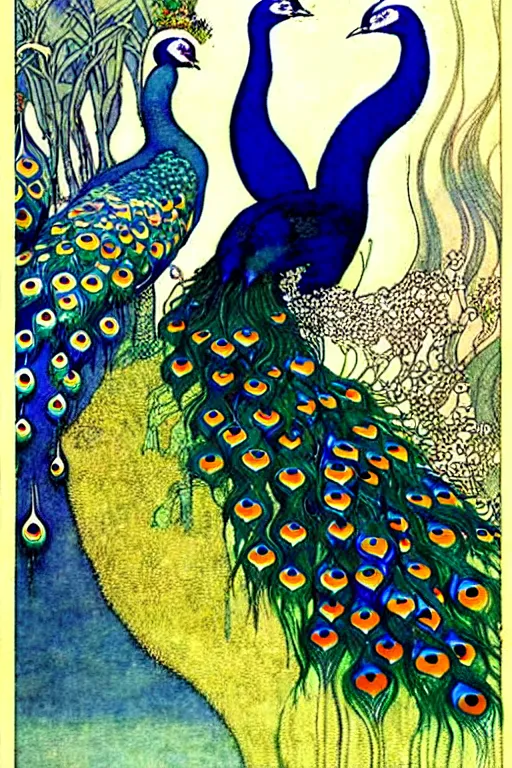 Prompt: the vision of the universal peacock by kay nielsen, john bauer, and edmund dulac, symbolist, visionary