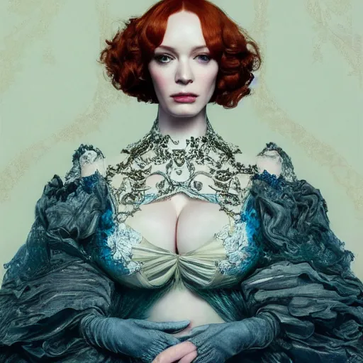 Prompt: Christina Hendricks wearing epic haute couture by Alexander McQueen, extremely beautiful and proportionate face, in the aesthetic of mert and marcus, masterpiece, intricate, elegant wardrobe, highly detailed, digital painting, artstation, concept art, smooth, sharp focus, illustration, art by artgerm and james jean and greg rutkowski and alphonse mucha