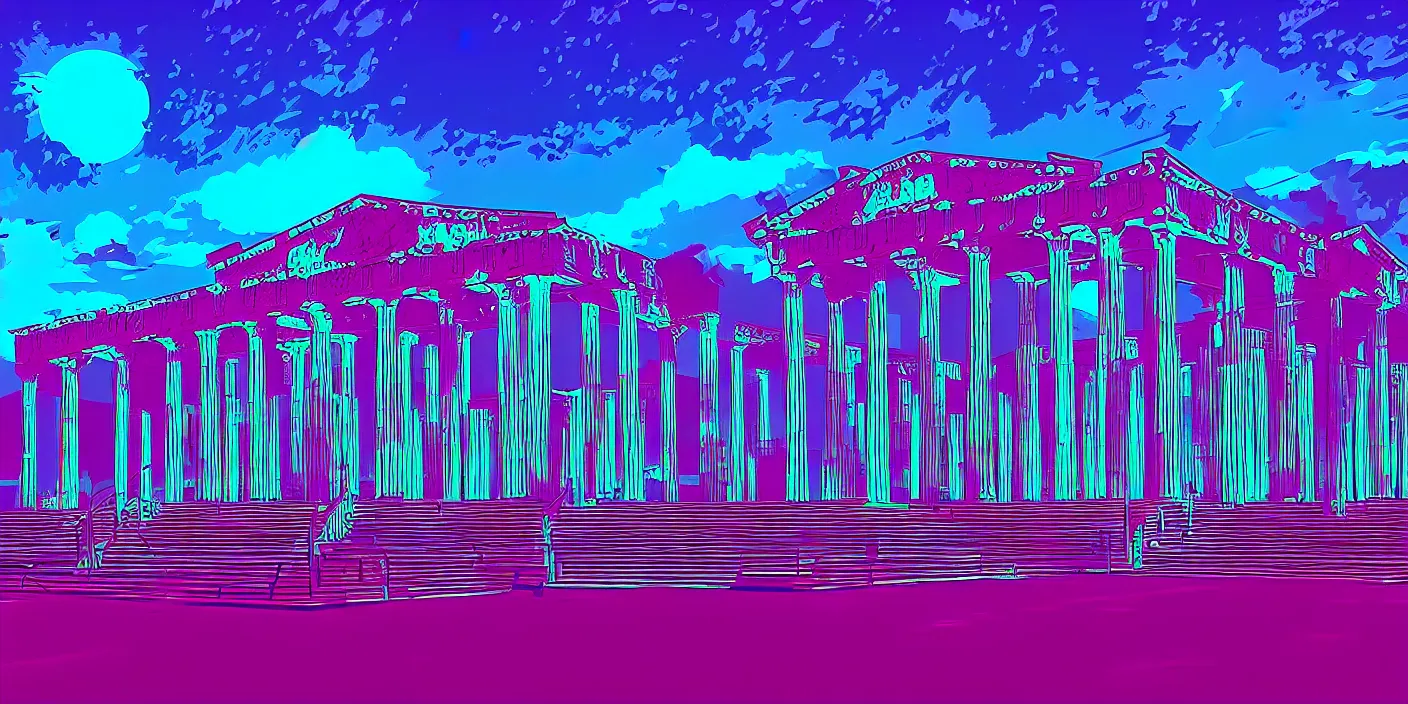 Prompt: the school of athenes paiting in synthwave style