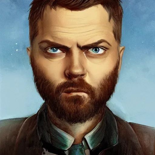 Image similar to beautiful portrait of a man with a short-beard blue eyes(looking like joshua jackson and aaron paul, sean bean), in the style of Enki Bilal and Joe Jusko and Alex Ross, trending on artstation