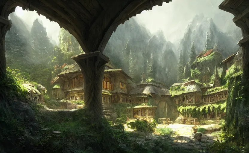 Prompt: painting of a series of opposing living quarters overlooking communal area carved into a mountain, lush garden with hot spring between, cozy bed, well maintained, clean, medieval, fantasy genre, natural light, fantasy, natural light, concept art, by greg rutkowski and craig mullins, cozy atmospheric and cinematic lighting, trending on artstation