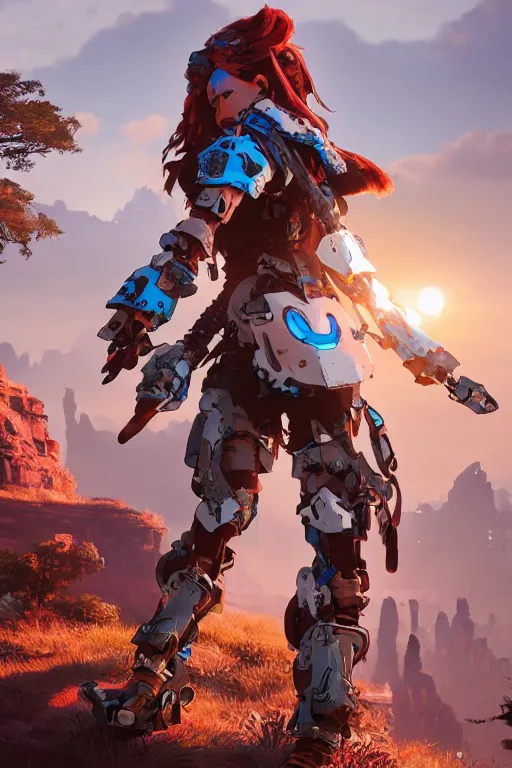 Image similar to combination suit armor aloy horizon forbidden west horizon zero dawn robot ninja mask helmet backpack tribal, aesthetic octane render, 8 k hd resolution, by ilya kuvshinov and cushart krentz and gilleard james radiating a glowing aura cgi rtx 2 0 2 2