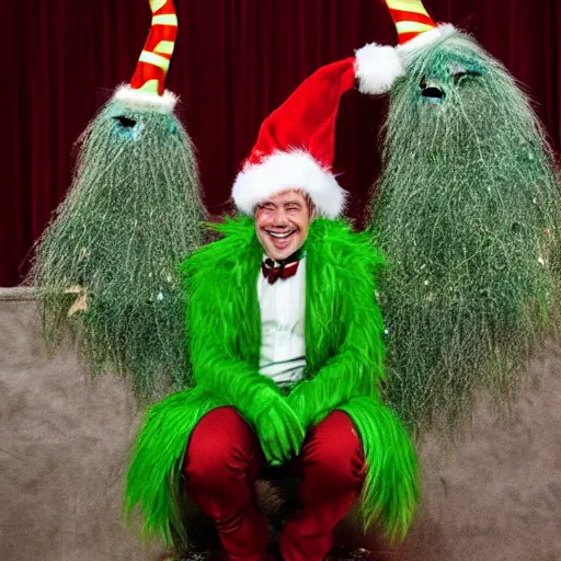 Prompt: elon musk cosplaying as the grinch, elon musk wearing a grinch costume, cosplay award winner