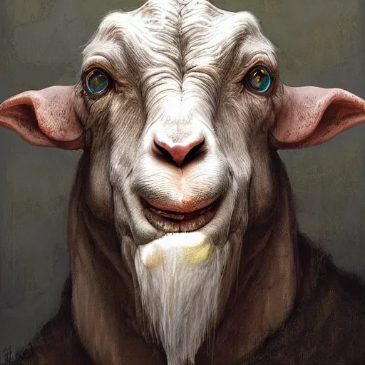 Prompt: vladimir putin, anthropomorphic bald prehistoric goat, putin is hybrid goat, toothless, horror, macabre by donato giancola and greg rutkowski and wayne barlow and zdzisław beksinski, realistic face, digital art