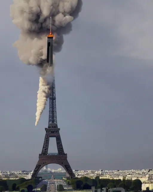 Prompt: tv report on two planes crash on the eiffel tower in paris. the planes are exploding on the eiffel tower with plenty of smokes