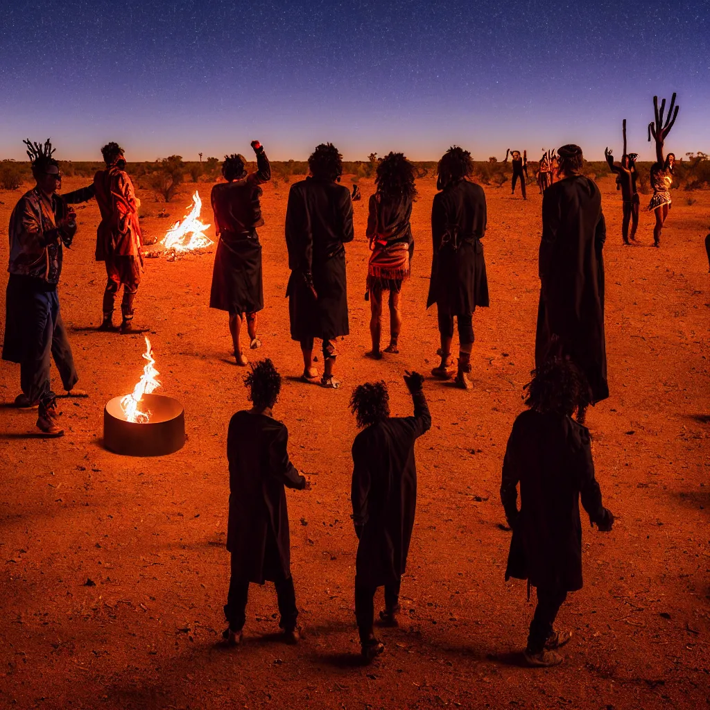 Prompt: photograph of three ravers, two men, one woman, woman is in a trenchcoat, blessing the soil at night, seen from behind, fire circle, two aboriginal elders, dancefloor kismet, diverse costumes, clean composition, desert transition area, bonfire, atmospheric night, australian desert, symmetry, sony a 7 r