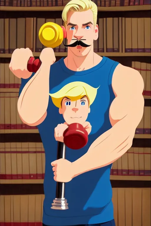 Prompt: animation still frame of an athletic blond man with a blond mustache, he lifts a big dumbbell high angle closeup portrait, blurry background of a library, disney, pixar, bloom, medium shot, dramatic lighting, in the style of studio ghibli, j. c. leyendecker, greg rutkowski, artgerm