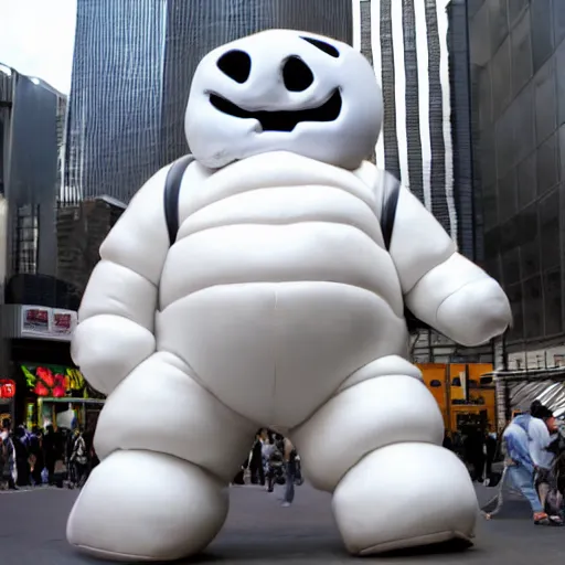 Image similar to sta puft marshmallow man in downtown tokyo,