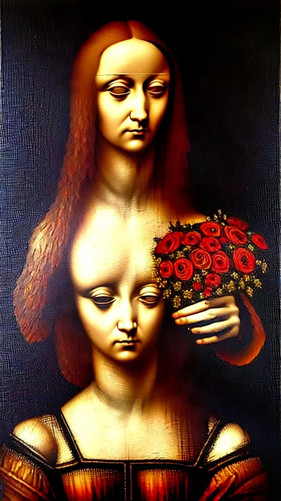 Prompt: a detailed cybergothic oil painting in the style of Leonardo da Vinci, a bouquet of flowers made of shimmering metal