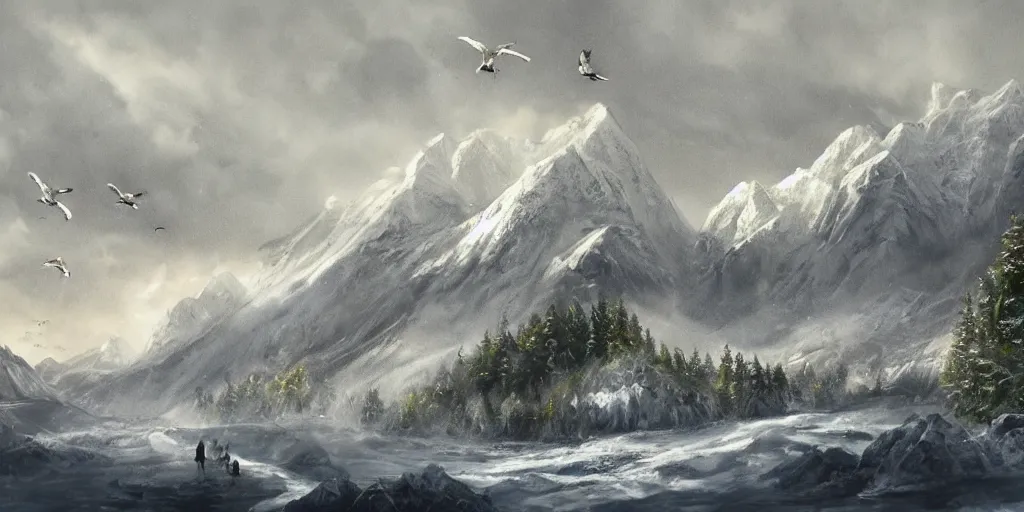 Image similar to A majestic landscape featuring a river, mountains and a forest. A small group of birds is flying in the sky. Harsh winter. very windy. There is a man walking in a deep snow. Cinematic, very beautiful, painting in the style of Lord of the rings