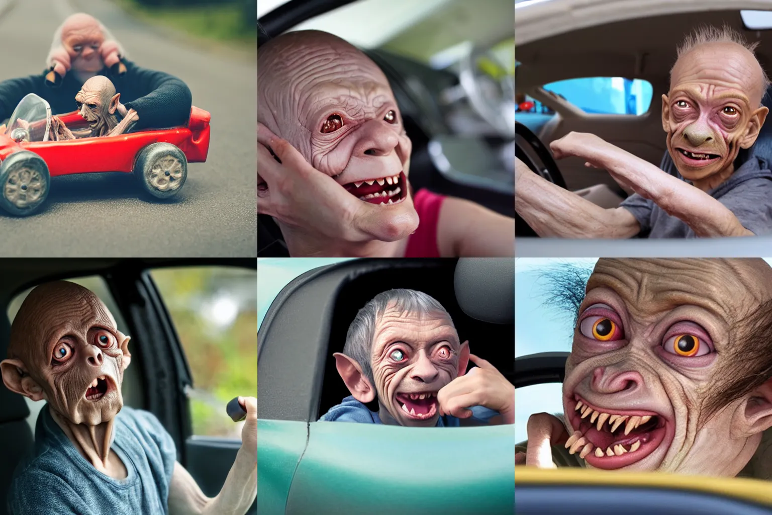 Prompt: an ugly human looking like gollum, driving in a little toy car