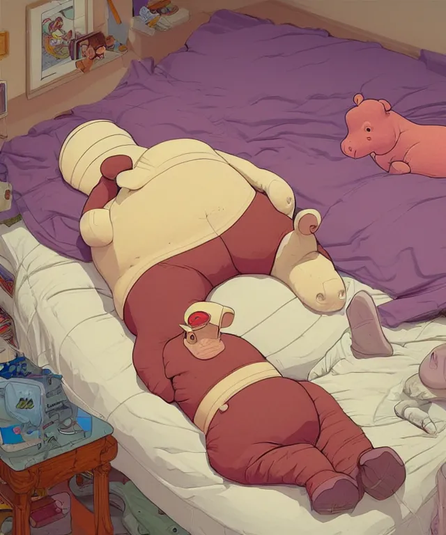 Image similar to hippo lying in bed, half covered blanket, centered composition, digital painting, artstation, concept art, kids book illustration, sharp focus, octane render, illustration, art by geof darrow,