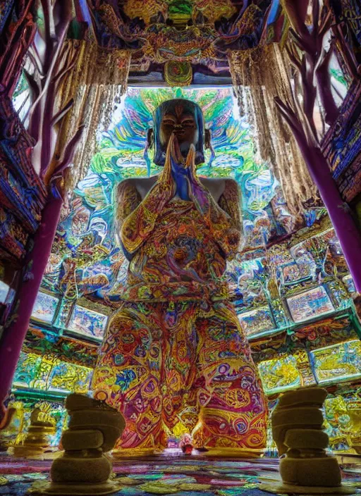 Prompt: breathtakingly beautiful ultrawide angle colour masterpiece weird dream, low angle view from inside a buddhist temple, figure meditating close shot, strange beautiful derelict temple, incredible sense of depth and perspective and clarity, arch, symmetry symmetrical, by greg hildebrandt and jean giraud and giger and beeple and studio ghibli, 8 k