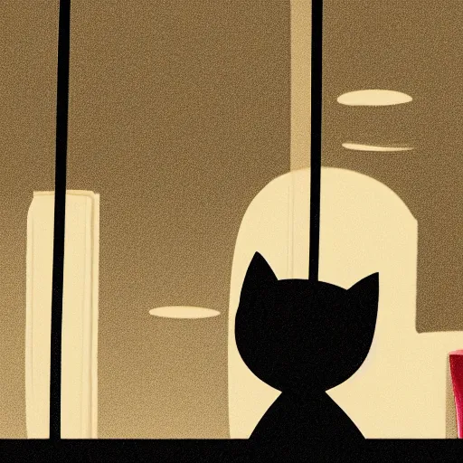 Prompt: an anthropomorphized cat in a business suit, looking out a window,