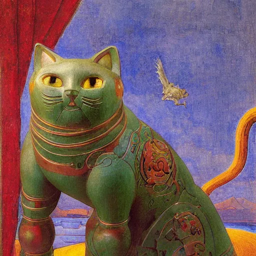 Image similar to cloisonne robot cat sculpture, by annie swynnerton and diego rivera and nicholas roerich and jean delville and janet fish, symbolist, dramatic lighting, god rays, art brut, rich colors, smooth, sharp focus, extremely detailed, adolf wolfli and ( donato giancola and bilibin )