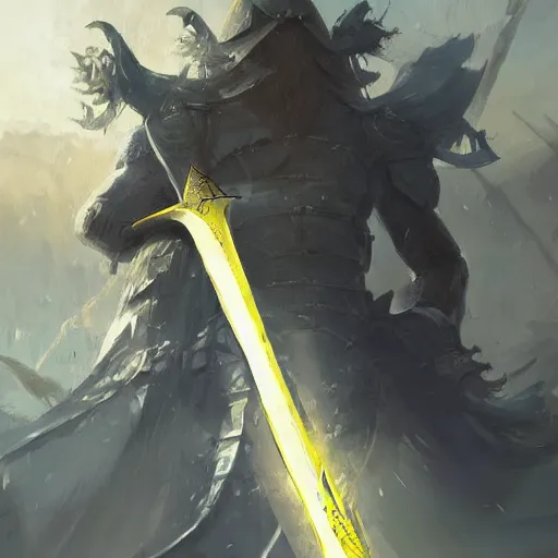 Image similar to yellow broad sword, giant sword, war blade weapon by greg rutkowski