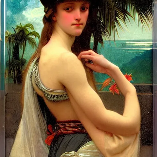 Image similar to Girl with a blood dripping chalice at the palace, thunderstorm, pool, beach and palm trees on the background major arcana sky, by paul delaroche, alphonse mucha and arnold böcklin arnold böcklin hyperrealistic 8k, very detailed