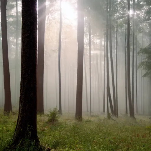 Image similar to misty forest scene, the sun shining through the trees