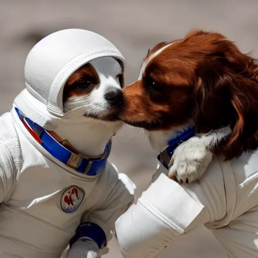 Image similar to two kooikerhondje kissing wearing an astronaut suit in the moon