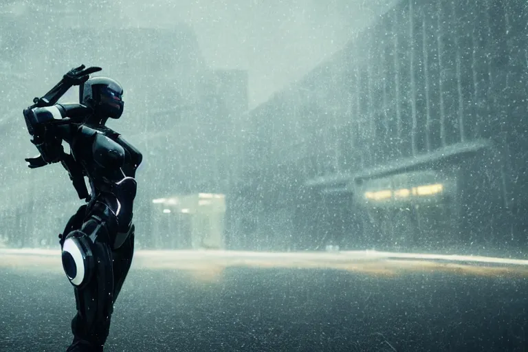 Prompt: closeup vfx marvel sci-fi woman black super hero robot photo real full body action pose, city street cinematic lighting, rain and fog by Emmanuel Lubezki