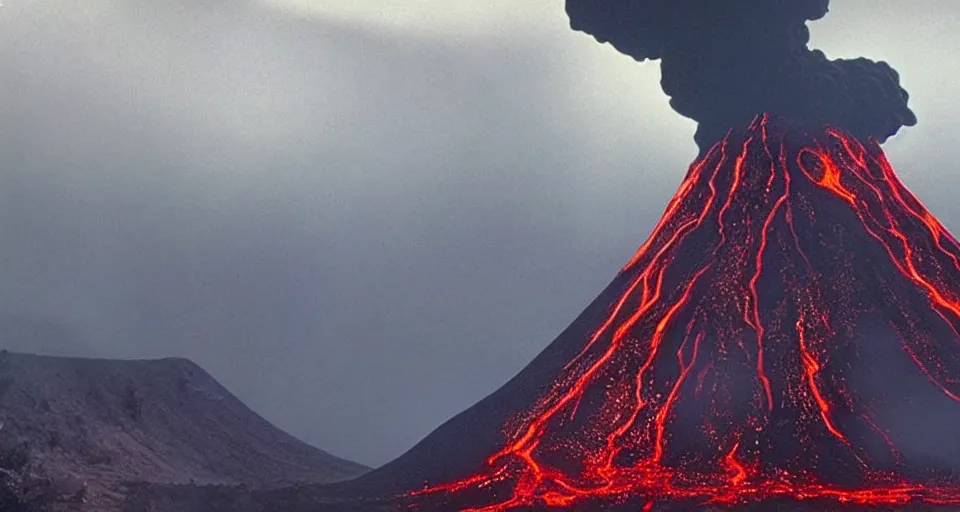 Image similar to a volcano made of ivory vines and crimson rocks enters in eruption, it spits a smoke in the shape of demonic eye, from FF7