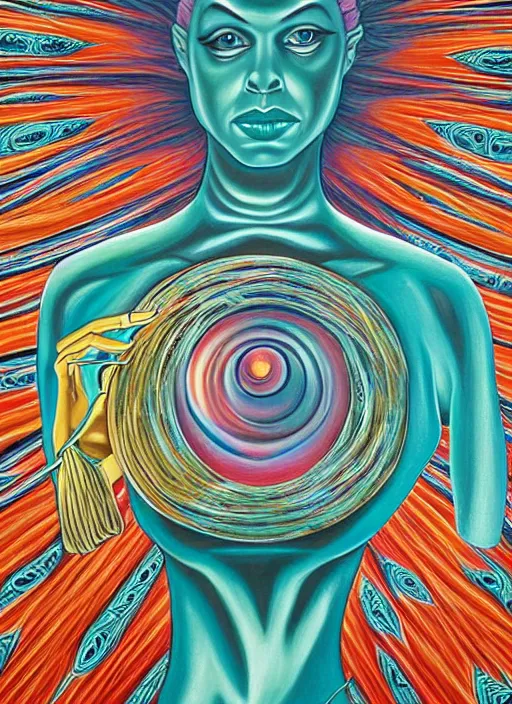 Image similar to alex grey painting depicting teal swan