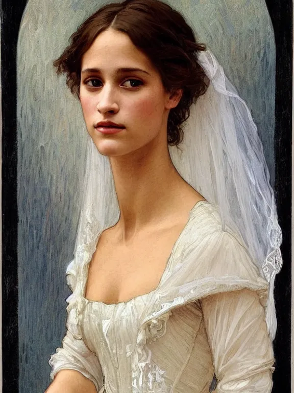 Image similar to an art nouveau style head and shoulders portrait oil painting of a pretty young alicia jessica vikander alba wearing a white victorian bridal gown, intricate, detailed, smooth, complex, elaborate, by alphonse mucha and james gurney and john william waterhouse and bouguereau