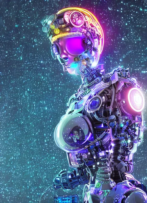 Image similar to intricate cyborg pilot girl with electromechanical robot parts, embedded in motherboard wall, connected made of and covered with many colorful wires, featuring beautiful detailed machined crystal eyes glowing with nebula, background glowing game server powered by galaxies. backlit luminous shiny metallic