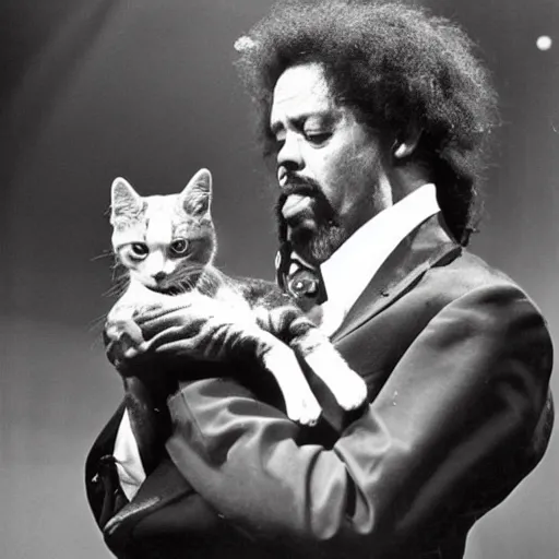 Image similar to wet glistening charles mingus holding a cat over his head on stage, professional, black and white