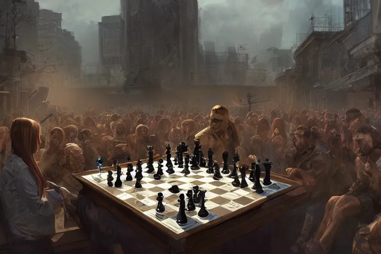 Image similar to a chess game where the pieces are zombies vs people, matte painting, long shot, concept art, wide shot, digital art, trending on artstation, 4 k, extremely detailed, realistic, midday, warm colors, golden sunlight, by greg rutkowski, cinematic, epic