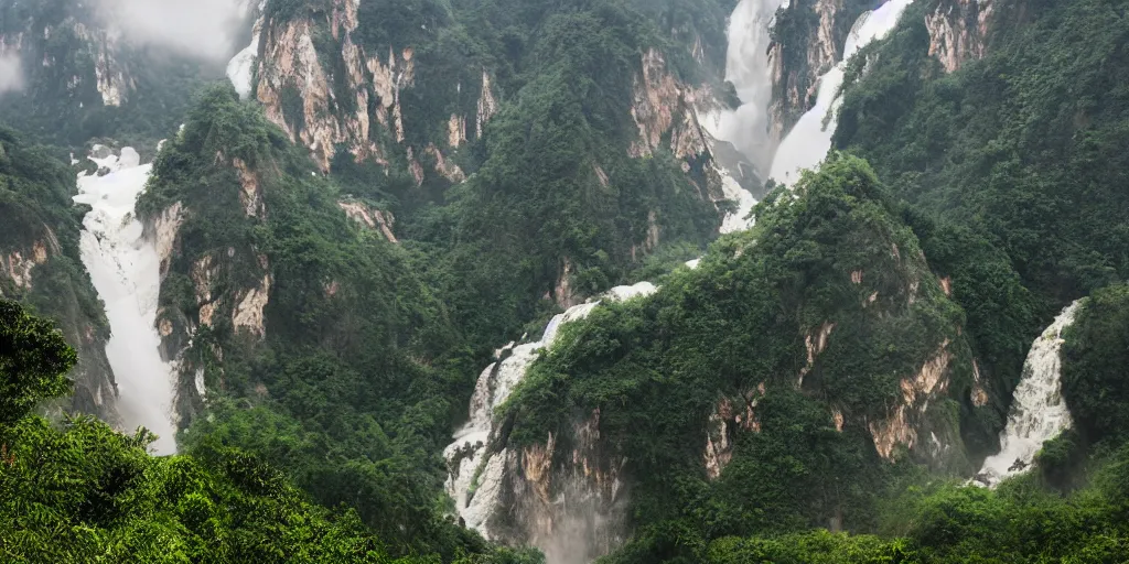 Prompt: Cloudy peaks in southern China with a waterfall, the style of National Geographic magazine