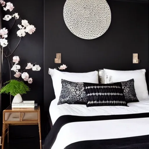 Prompt: bedroom, interior design, stylish luxury hotel bedroom design, feminine, black walls, art, vase with flowers, Japanese and Scandinavian influences